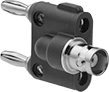 Image of Product. Stackable Double Banana Plug × BNC Jack. Front orientation. BNC Adapters. Stackable Double Banana Plug, BNC Jack.