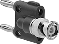 Image of Product. Stackable Double Banana Plug × BNC Plug. Front orientation. BNC Adapters. Stackable Double Banana Plug, BNC Plug.