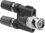 Image of Product. Stackable Double Binding Post with Banana Jack × BNC Plug. Front orientation. BNC Adapters. Stackable Double Binding Post with Banana Jack, BNC Plug.
