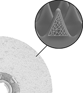 Image of Specification. Precision-Shaped Ceramic Alumina. Front orientation. ZoomedIn view. Contains Inset. Norton RazorStar Series. Fast-Cutting Arbor-Mount Sanding Discs.