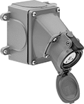 Image of Product. Front orientation. Power Connectors. Washdown Switch-Rated Pin-and-Sleeve Connectors, 30° Elbow Female Receptacles.