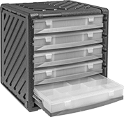 Image of Product. Front orientation. Cabinets. Plastic Stackable Small-Parts Cabinets with Compartmented Boxes.