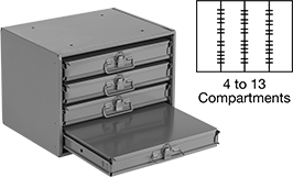 Image of Product. With Adjustable Dividers. Front orientation. Contains Annotated, MultipleImages. Cabinets. Stackable Small-Parts Cabinets with Compartmented Boxes, Painted Steel with Powder-Coated Steel Boxes—Assembled, Adjustable Divider.