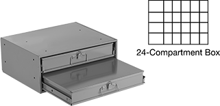 Image of Product. With Fixed Dividers. Front orientation. Contains Annotated, MultipleImages. Cabinets. Stackable Small-Parts Cabinets with Compartmented Boxes, Painted Steel with Powder-Coated Steel Boxes—Assembled, Fixed Divider.