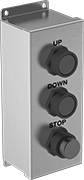 Image of Product. Front orientation. Push-Button Switches. Stainless Steel Enclosed Push-Button Switches, 2 Flush Push Buttons and 1 Projecting Push Button.