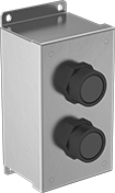 Image of Product. Front orientation. Push-Button Switches. Stainless Steel Enclosed Push-Button Switches, 2 Flush Push Buttons.