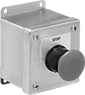 Image of Product. Front orientation. Push-Button Switches. Stainless Steel Enclosed Push-Button Switches, 1 Mushroom Push Button.