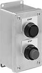 Image of Product. Front orientation. Push-Button Switches. Stainless Steel Enclosed Push-Button Switches, 1 Flush Push Button and 1 Projecting Push Button.