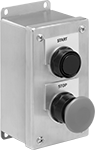 Image of Product. Front orientation. Push-Button Switches. Stainless Steel Enclosed Push-Button Switches, 1 Flush Push Button and 1 Mushroom Push Button.