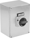 Image of Product. Switch with Lockout and Stainless Steel Housing. Front orientation. Disconnect Switches. Washdown Enclosed Disconnect Switches, Stainless Steel Housing, 3 Circuits Controlled with Lockout.