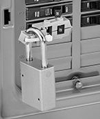 Image of ProductInUse. Lockout with Cable Tie Slot
Shown Installed (Padlock
and Cable Tie Not Included). Front orientation. Lockouts. Circuit Breaker Lockouts, Cable Tie Slot, Snap On, For 1 Maximum Padlock.