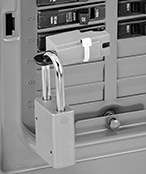Image of ProductInUse. Pin-In Lockout with Cable
Tie Slot Shown Installed (Padlock
and Cable Tie Not Included). Front orientation. Lockouts. Circuit Breaker Lockouts, Cable Tie Slot, Pin In, For 1 Maximum Padlock.
