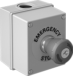 Image of Product. Front orientation. Emergency Stop Switches. Aluminum Enclosed Push-Button-Actuator Emergency Stop Switches, Key Reset (2 Keys Included).