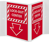 Image of Product. Lock-Out Center with Arrow (English)—Red with White Message. Front orientation. Signs. Three-Way View Lockout Signs, Lock-Out Center with Arrow (English)—Red with White Message.