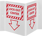 Image of Product. Lock-Out Center with Arrow (English)—White with Red Message. Front orientation. Signs. Three-Way View Lockout Signs, Lock-Out Center with Arrow (English)—White with Red Message.