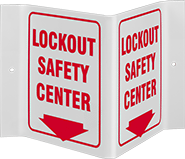 Image of Product. Lockout Safety Center with Arrow (English)—White with Red Message. Front orientation. Signs. Three-Way View Lockout Signs, Lockout Safety Center with Arrow (English)—White with Red Message.
