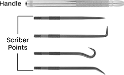 Image of Product. Side1 orientation. Contains Annotated. Scribers. Scriber Sets for Steel and Plastic.