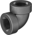 Image of Product. NPT Female. Front orientation. Pipe and Fittings. FM-Approved Low-Pressure Iron and Steel Threaded Pipe Fittings, 90° Elbow Connectors, Threaded Fitting Connection, Female.