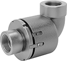 Image of Product. Front orientation. Pipe and Fittings. Extreme-Pressure Iron and Steel Threaded Pipe Fittings, Intermittent-Swivel 90° Elbow Connectors, Threaded Fitting Connection, Female.
