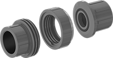 Image of Product. Cement Socket Female. Front orientation. Exploded view. Pipe and Fittings. CPVC Pipe Fittings for Chemicals, Union Straight Connectors, Cement Socket Female.