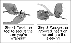 Image of ProductInUse. Front orientation. Contains Annotated, Border, MultipleImages. Wire Sleeving Installation Tools. For Corrugated and Wraparound Sleeving .