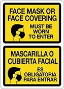 Image of Product. Front orientation. Signs. Illustrated Personal Protective Equipment Signs, Face Mask Or Face Covering Must Be Worn To Enter/Mascarilla O Cubierta Facial Es Obligatoria Para Entrar with Face Mask Required Symbol (English/Spanish).