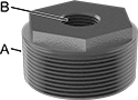 Image of Product. Male x Female. Front orientation. Contains Annotated. Pipe and Fittings. Low-Pressure Stainless Steel Threaded Pipe Fittings, Bushing Straight Reducing Adapters for Tanks, Male, Female, Threaded Fitting Connection, For Flat Tank Surfaces, Hex Body.