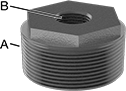 Image of Product. Male × Female. Front orientation. Contains Annotated. Pipe and Fittings. Low-Pressure Iron and Steel Threaded Pipe Fittings, Bushing Straight Reducing Adapters for Tanks, Male, Threaded Fitting Connection, Female, For Flat Tank Surfaces, Hex Body.