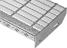 Image of Product. Front orientation. Stair Treads. Metal Bar Grating Stair Treads, Serrated, Galvanized Steel.