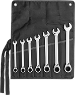 Image of Product. Front orientation. Combination Wrenches. Reversible Ratcheting Combination Wrench Sets, Plastic Roll-Up Pouch.