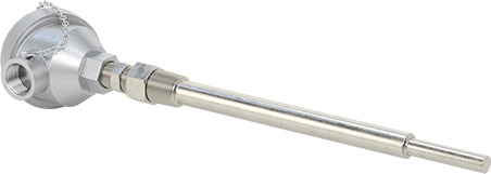 Image of Product. Front orientation. Threaded Thermocouple Probe Transmitter, with Thermowell for Liquid and Gas, Type J, 10-1/2" Long Probe.