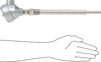 Image of Product. Side1 orientation. Contains SizingReference. Threaded Thermocouple Probe Transmitter, with Thermowell for Liquid and Gas, Type J, 10-1/2" Long Probe.