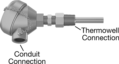 Image of Product. Front orientation. Contains Annotated. Threaded Thermocouple Probe Transmitter, with Thermowell for Liquid and Gas, Type J, 10-1/2" Long Probe.