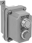 Image of Product. Front orientation. Push-Button Switches. Hazardous Location Enclosed Push-Button Switches, 1 Flush Push Button and 1 Projecting Push Button.