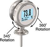 Image of Product. Front orientation. Contains Annotated. RTDs. Sanitary RTD Probe Transmitters with Digital Display for Liquids and Gas.
