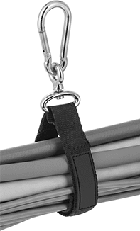 Image of ProductInUse. Front orientation. Mountable Hook and Loop Cable Strap, Carabiner-Mount with 360 Degree Rotation, 24" Long.