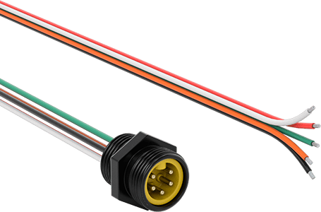 Image of Product. Front orientation. Mini Connector, Panel-Mount Male Receptacle, 5 Poles, 6' Long Wire Leads.