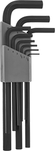 Image of Product. Front orientation. Black Phosphate-Coated Alloy Steel Hex L-Key Set, 9 Pieces, Long Length, Metric Sizes.