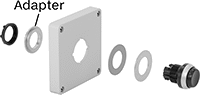 Image of ProductInUse. Adapter Shown with Panel-Mount Switch (Not Included). Front orientation. Exploded view. Contains Annotated. Switch Mounts. Panel-Mount Switch Size Adapters.