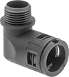 Image of Product. Snap-In × Threaded. Front orientation. Conduit and Fittings. Flexible Plastic (MPT) Conduit and Fittings, Connector Fitting, 90° Elbow, Snap-In Conduit Connection × Threaded Knockout Connection.