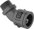 Image of Product. Snap-In × Threaded. Front orientation. Conduit and Fittings. Flexible Plastic (MPT) Conduit and Fittings, 45° Elbow, Connector Fitting, Snap-In Conduit Connection × Threaded Knockout Connection.