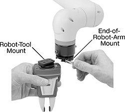Image of ProductInUse. Front orientation. Contains Annotated. Robot Tool Changers. Lever-Locking Robot Tool Changers.