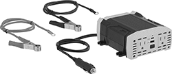 Image of Product. With Two Outlets, One USB-A Port, and One USB-C Port. Front orientation. Inverters. DC to AC Inverter Cords, Total of 2 Outlets, USB-A, USB-C.