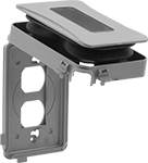 Image of Product. Front orientation. Outlet Box Covers. Protected While-in-Use Covers for Weatherproof Outlet Boxes, Accordion-Style Bellows, Clear Flip-Down Cover.