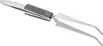 Image of Product. Front orientation. Tweezers. Squeeze-to-Open Tweezers, Bent Round Tips and Hard Fiber Grip.