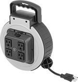 Image of Product. Front orientation. Extension Cord Reels. Automatic-Wind Extension Cord Reels , Plug, 4 Outlets, Circuit Breaker.
