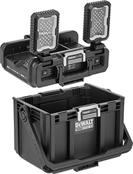 Image of Product. Front orientation. Exploded view. Portable Work Lights. Cordless Freestanding Portable Floodlights for DeWalt Rechargeable Batteries, Style C.