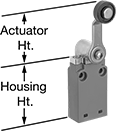 Image of Attribute. Style E. Front orientation. Contains Annotated. Limit Switches. Low-Profile Limit Switches, Roller Lever Actuator, Style E.