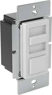 Image of Product. Front orientation. Light Dimmer, Push Button with Slide Dimmer, 1 Circuit, 3 Terminals.