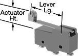 Image of Attribute. Style H. Front orientation. Contains Annotated. Snap-Acting Switches. Snap-Acting Switches, Roller Lever Actuator Style, Style H.